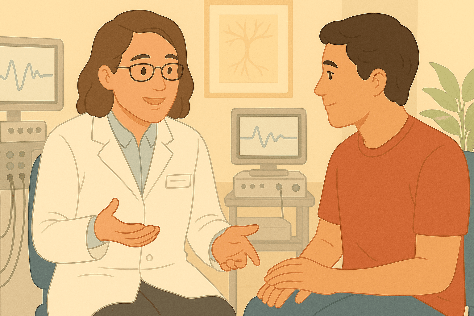A calm, warm-toned illustration of a medical consultation room. A friendly female neurologist in a white coat is reassuringly explaining nerve testing to a male patient. In the background are EMG/NCS machines and a framed diagram of a neuron. The atmosphere is soft and professional, with natural lighting and a plant adding to the welcoming feel.