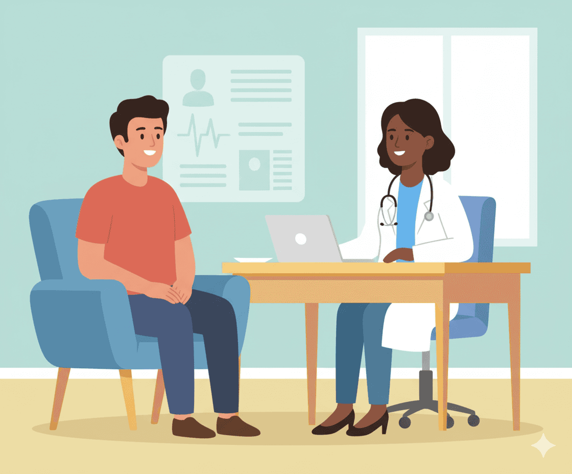 Neurological consultation for migraine diagnosis in corporate Memphis illustration style