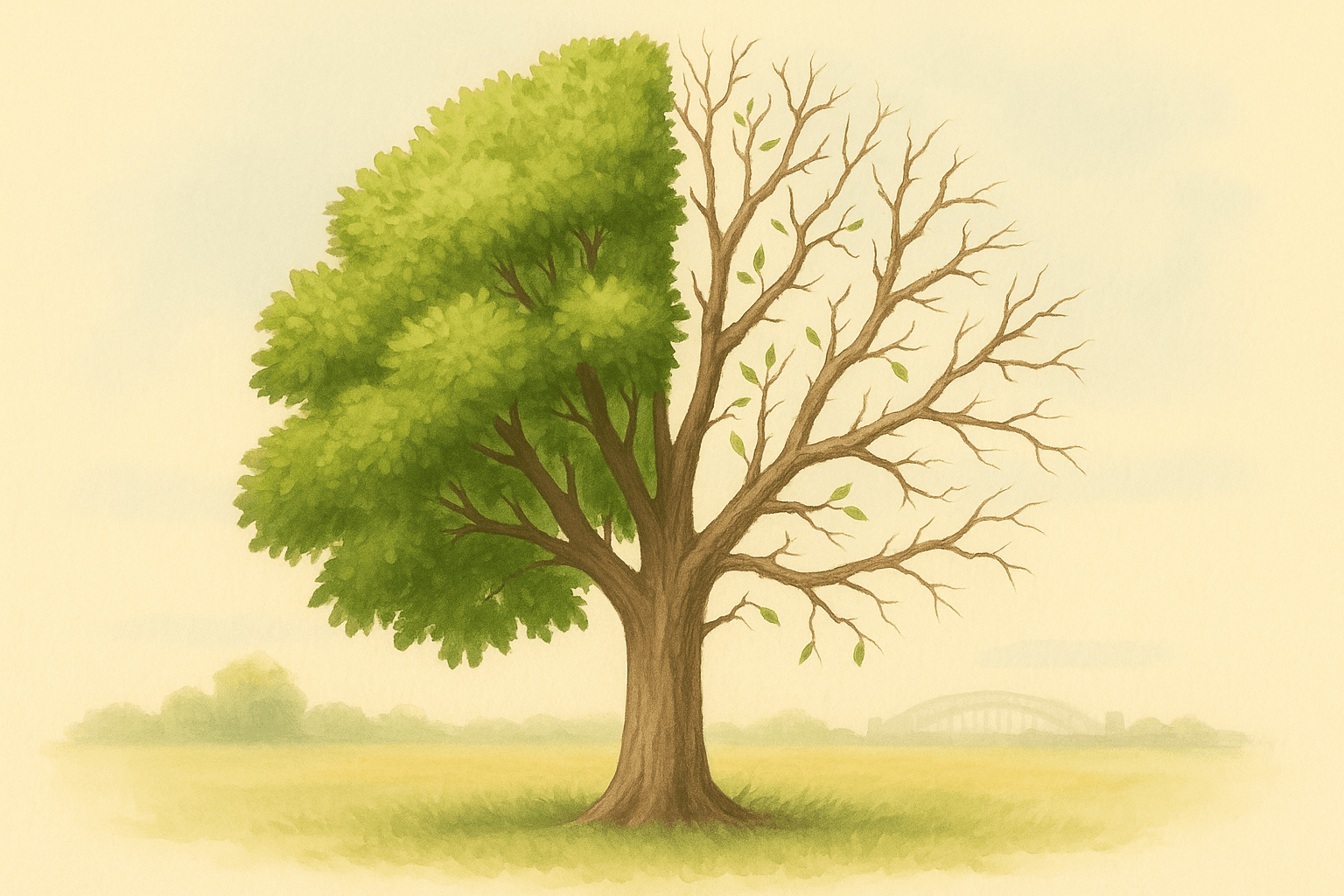 "A split tree illustration representing multiple sclerosis. The left half is lush and green with healthy leaves and strong branches, symbolizing healthy neurons. The right half is sparse, with fewer leaves and twisted, damaged branches, symbolizing neuronal damage. The tree stands in a peaceful landscape with soft colors