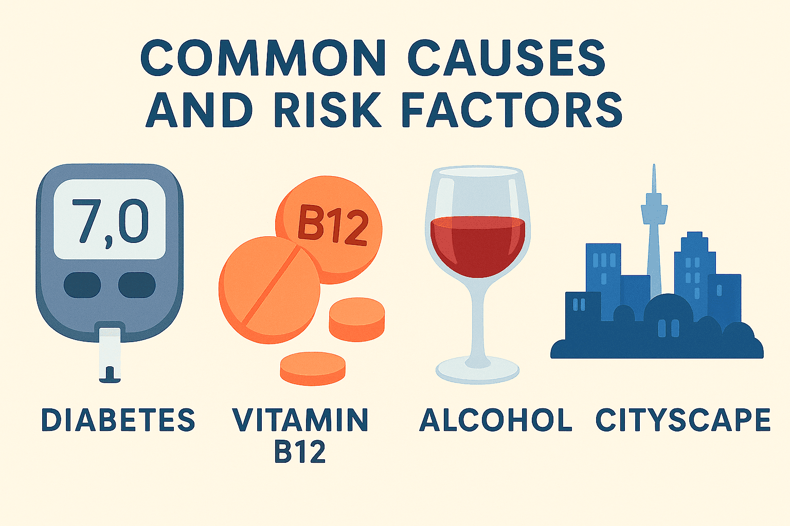 Common risk factors of peripheral neuropathy include diabetes, vitamin B12 deficiency, alcohol and our urban environment.